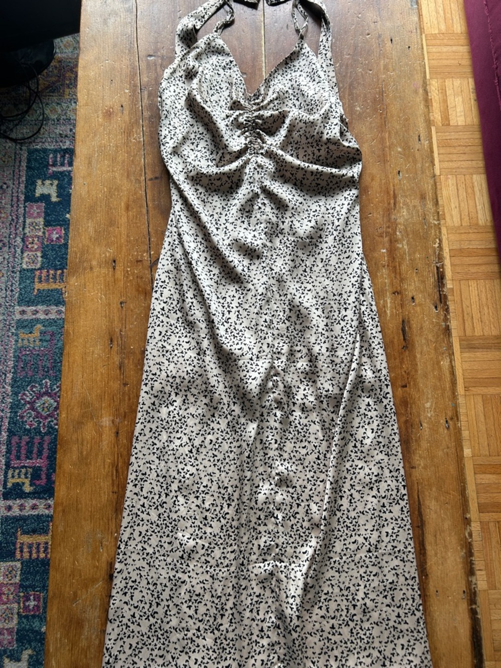 Reitmans Nude Satin Speckled Halter Midi Dress with Low Back & Side Slits (M)